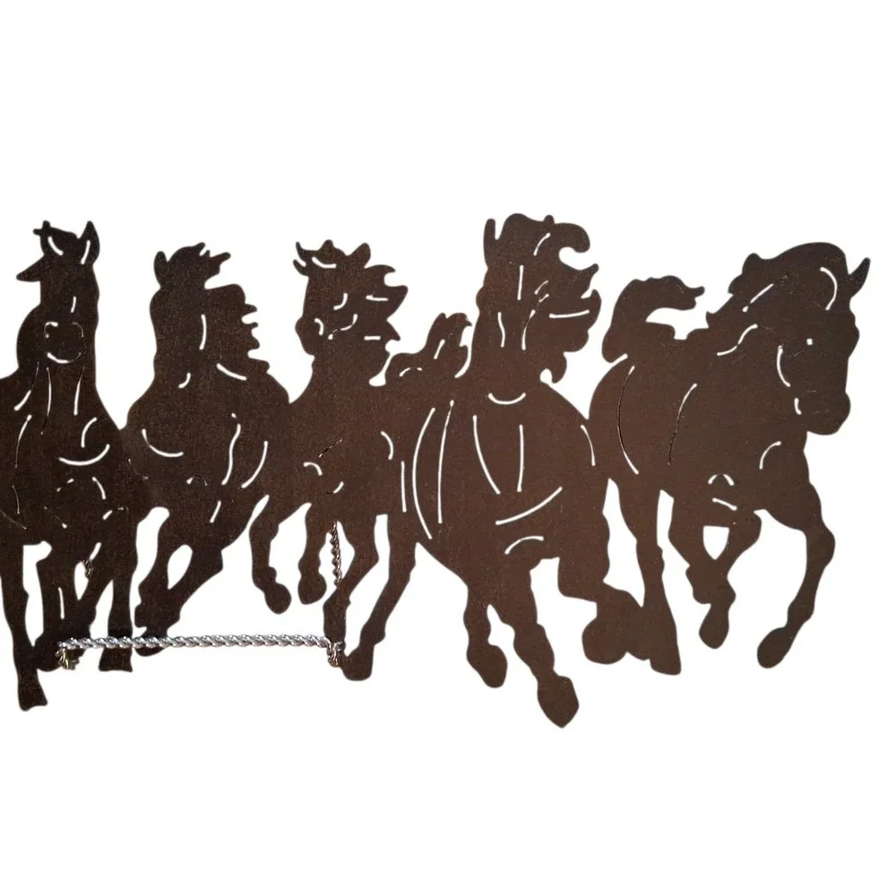 Seven Rustic Running Wild Horses 3D Intricately Cut Black Metal Wall Art 23Lx9T